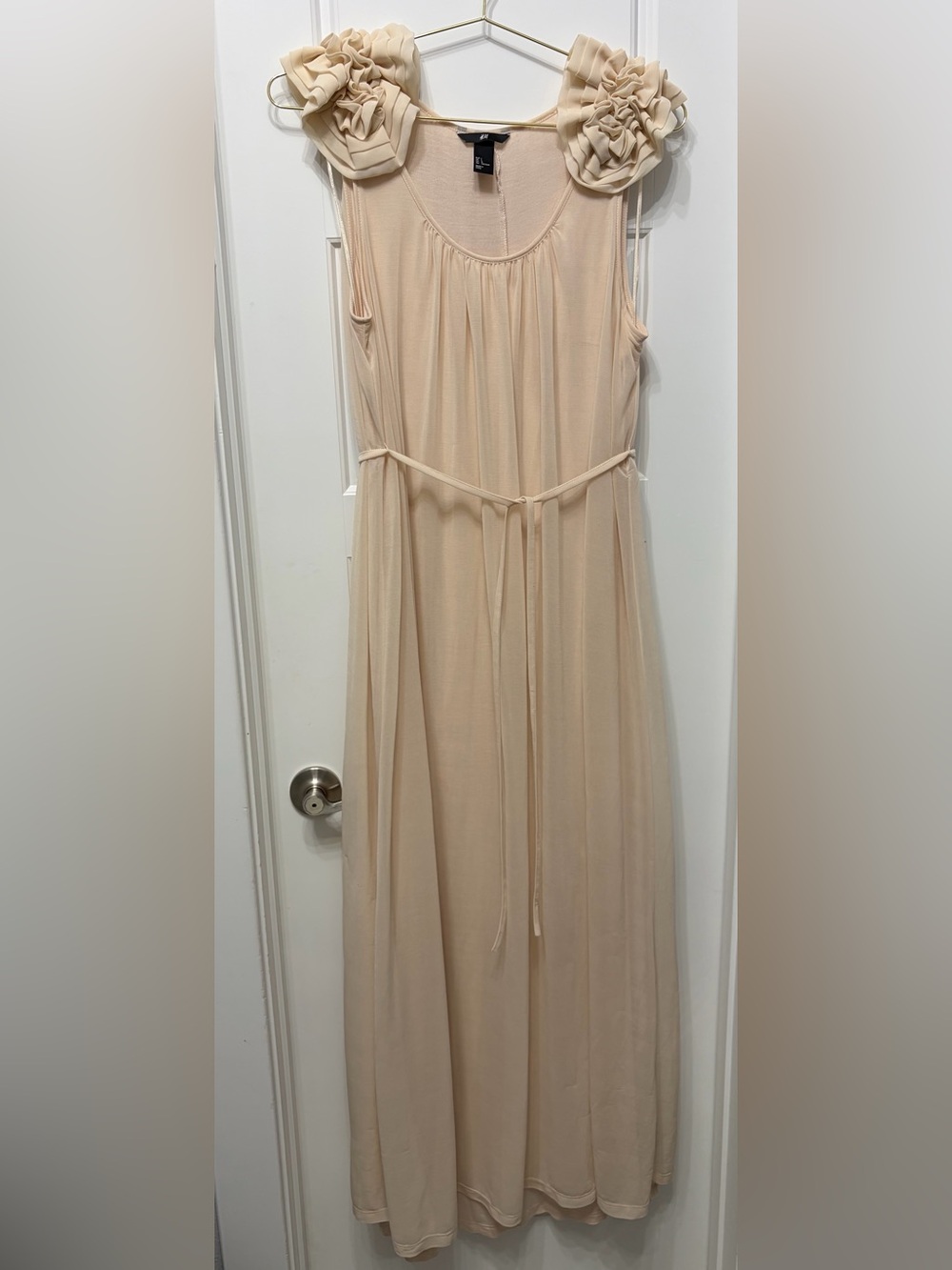 H&M Light Apricot Ruffle Floral Shoulder Maxi Dress Size L